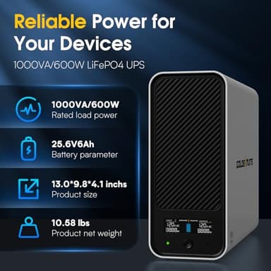 GOLDENMATE 1000VA/600W Lithium UPS Battery Backup and Surge Protector, Backup Battery Power Supply with LiFePO4 Batteries(153.6 Wh), Sinewave UPS System, 10 Years Lifespan, 8-Outlets, LCD Display - Image 4