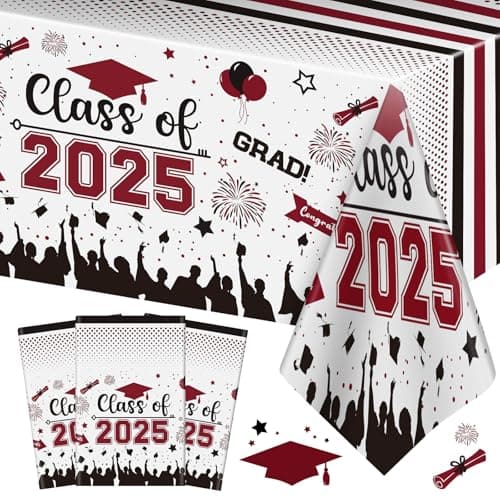 Graduation Decorations Class of 2025 Tablecloth - 3 Pcs Plastic Congrats Grad Table Cloth, Graduations Table Cover for Graduation Party Decorations 2025 and Party Supplies, 54"x108" (Maroon and Black) - Image 1