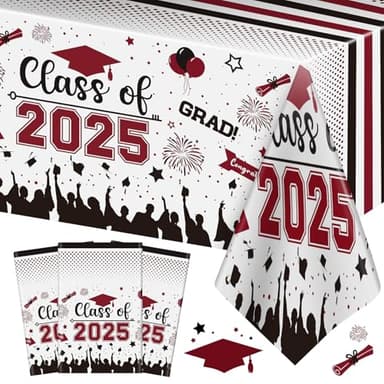 Graduation Decorations Class of 2025 Tablecloth - 3 Pcs Plastic Congrats Grad Table Cloth, Graduations Table Cover for Graduation Party Decorations 2025 and Party Supplies, 54"x108" (Maroon and Black) - Image 1