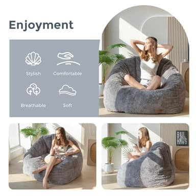 MAXYOYO Giant Bean Bag Chair, Oversized Bean Bag Couch for Adults and Kids, Faux Fur Shell-Shaped Large Chair with Filler, Stuffed Big Accent Sofa Lounge Floor Sofa for Gaming, Reading, Dark Grey - Image 3