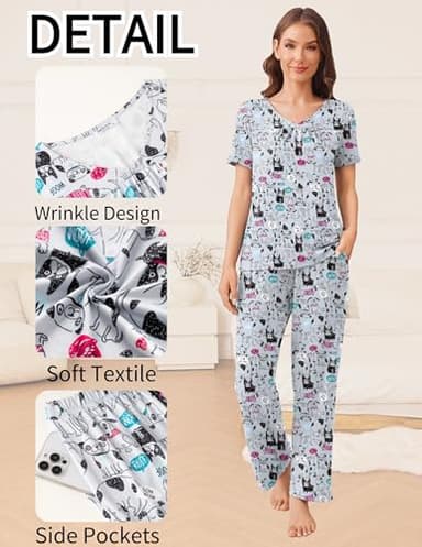 Ekouaer Women'S Pajama Sets, 2 Pack Womens Pajama Sets Short Sleeve with Long Pant Pjs Sleepwear Grey Dog Black Cat XX-Large - Image 2
