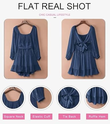 Dokotoo Women's Square Neck Off The Shoulder Dresses Tie Back Long Lantern Sleeve Ruffle A-Line Mini Dress Shirred Elastic Waist Casual Dresses Small Dark Blue - Image 3