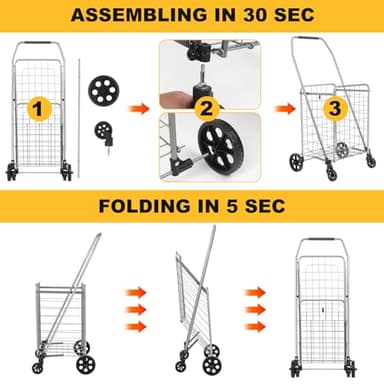 Shopping Cart with 360° Rolling Swivel Wheels, Portable Utility Cart for Grocery, Folding Shopping Cart with Waterproof Basket Liner, Collapsible Cart 120lbs, Sliver - Image 6