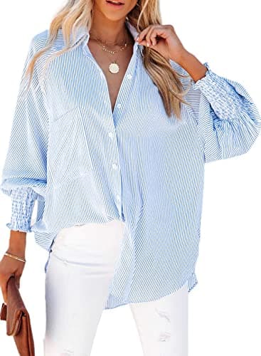 Womens Smocked Cuffed Striped Boyfriend Shirt Casual Collar Long Sleeve Oversized Button Down Blouse Tops with Pocket Shirred Blue - Image 1