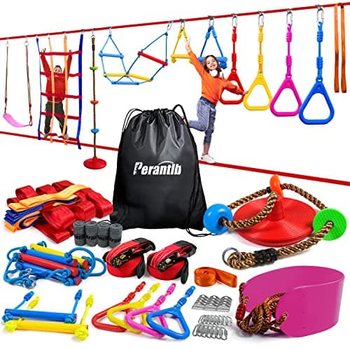 Ninja Warrior Obstacle Course for Kids-Playground Fitness Equipment Ninja Slackline with Multiple Accessories for Kids,Contain Swings,Rope ladders,Rings,Ninja Couse for Kids Outside (2x56ft) - Image 1