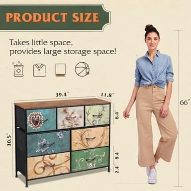 WLIVE 7 Drawer Dresser TV Stand, Entertainment Center, Media Console Table with Metal Frame and Wood Top for TV up to 45 inch, Chest of Drawers for Bedroom, Living Room, Floral Painted - Image 3