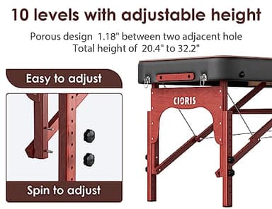 CLORIS 84" Professional Massage Table Portable Reinforced Wooden Leg Hold Up to 1100LBS 2 Folding Lightweight Spa Salon Tattoo Massage Bed Height Adjustable with Carrying Bag - Black - Image 3