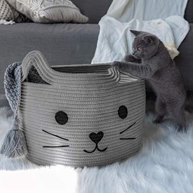 HiChen Large Woven Cotton Rope Storage Basket, Baby Laundry Basket Organizer for Towels, Blanket, Toys, Clothes, Gifts | Pet Gift Baskets for Cat, Dog - 15.7" L×11.8" H, Gray - Image 3