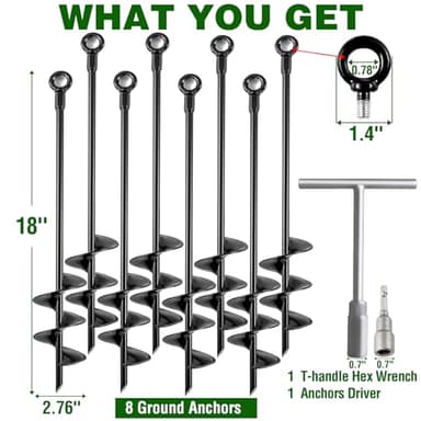 Fabulas Ground Anchors Heavy Duty, Swing Set Anchor Kit 18 Inch 8 Pack Screw in Earth Anchors Trampoline Stakes High Wind Metal Auger Anchor for Shed Tent Carports Securing Animals Camping Mobile Home - Image 6