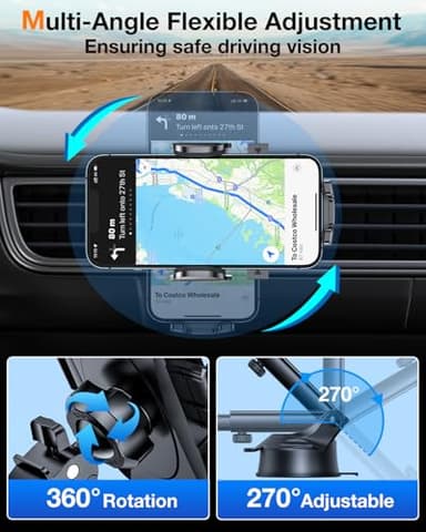 [True Military-Grade] Car Phone Holder【2024 Stronger Suction & Clip】 Universal Cell Phone Holder for Car Mount for Dashboard Windshield Air Vent Long Arm Cell Phone Car Mount Thick Case (Drak Black) - Image 5