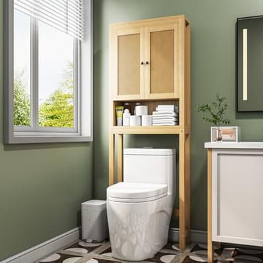 knoworld Rattan Over The Toilet Storage Cabinet, Above Toilet Bathroom Organizer with Adjustable Shelf, Behind Toilet Cabinet, Space Saver for Restroom, Bathroom, Laundry, Wood Rack, Natural - Image 1
