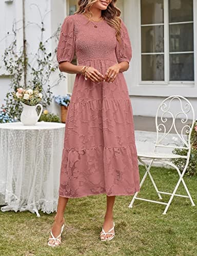 MEROKEETY Women's 2025 Summer Cute Bubble Sleeve Shirred Bohemian Dress Flowy Pleated Midi Long Dresses,Tearose,M - Image 3