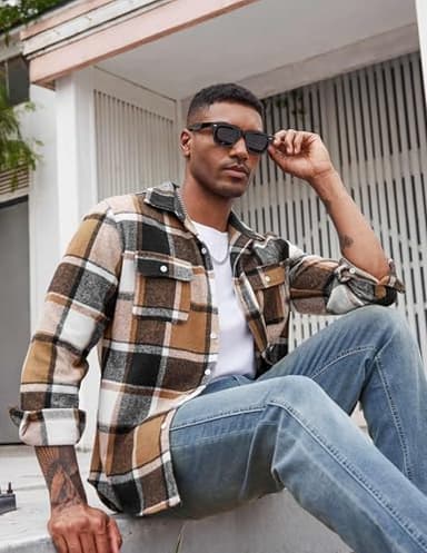 COOFANDY Men's Plaid Jacket Button Up Jacket Overshirt Fall Fashion Shirt with Pockets Khaki - Image 3