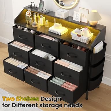 Black TV Stand Dresser for Bedroom 9 Drawers - Fabric Dresser Chest of Drawers for Living Room Hallway Closet (Black PU) - Image 3