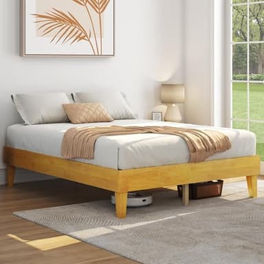 Yaheetech Queen Bed Frame Natural Solid Wood Platform Bed with Wooden Slats Support, 12-inch Underbed Space for Storage, Noise-Free Design, Easy Assembly, Natural Wood Finish - Image 3