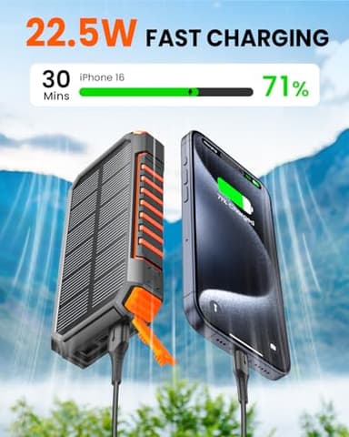 Riapow Solar Charger Power Bank: 27000mAh Wireless Portable Charger Built-in Cables - 22.5W Fast Charging Battery Bank with USB C - PD QC3.0 External Battery Pack for Phone - 2 Flashlights for Outdoor - Image 2