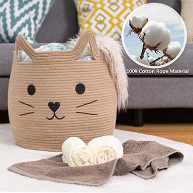 VK VK·LIVING Animal Baskets Large Woven Cotton Rope Storage with Cute Cat Design Laundry Organizer for Towels, Blanket, Toys, Clothes, Gifts – Cat Toy Box Pet or Baby Gift Baskets 15"Lx14H" - Image 4