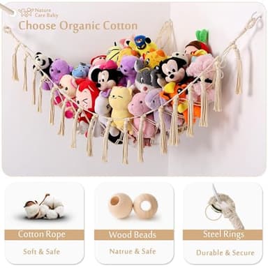 YKBU Stuffed Animals Hammock Corner Hanging Net with Wooden Beads Macrame Stuffed Animal Storage Ideas Plush Holder Toy Organizer for Boho Nursery Playroom Bedroom Kids Room Decor (cream, X-Large) - Image 2