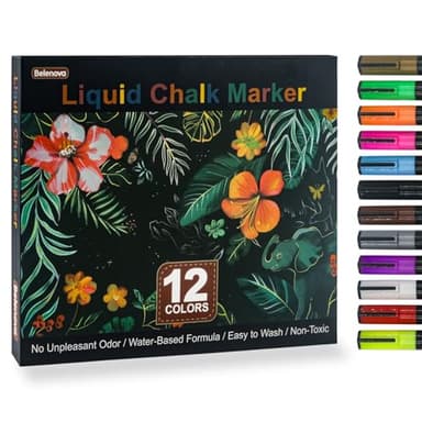 Belenova Liquid Chalk Markers Erasable Set of 12 Colors, Neon Liquid Chalk Pens for Chalkboard, Chalk Markers for Blackboard Fine Tip for Whiteboard, Glass, Windows, Mirrors, Restaurant Menu & Signs. - Image 1