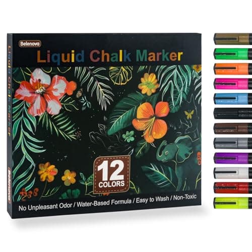 Belenova Liquid Chalk Markers Erasable Set of 12 Colors, Neon Liquid Chalk Pens for Chalkboard, Chalk Markers for Blackboard Fine Tip for Whiteboard, Glass, Windows, Mirrors, Restaurant Menu & Signs.