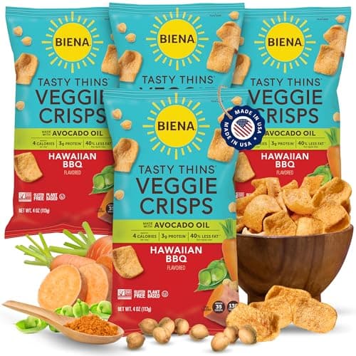 BIENA Tasty Thins Veggie Crisps – Hawaiian BBQ, 4-Pack, 4 oz Bags – Chickpeas & Veggies, Vegan, Gluten Free, Dairy-Free, Non-GMO, Allergy-Friendly, Healthy Snacks for Adults and Kids - Image 1