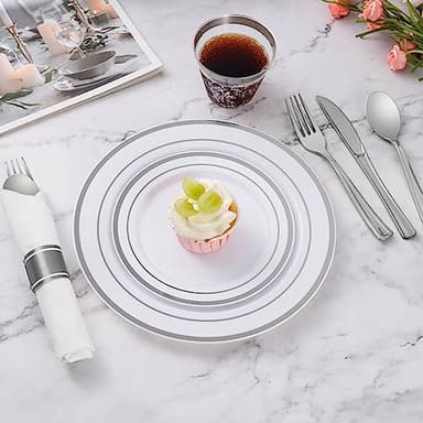 Goodluck 350 Piece Silver Plastic Dinnerware Set for 50 Guests, Fancy Disposable Plates for Party, Include: 50 Dinner Plates, 50 Dessert Plates, 50 Pre Rolled Napkins with Silver Silverware, 50 Cups - Image 4