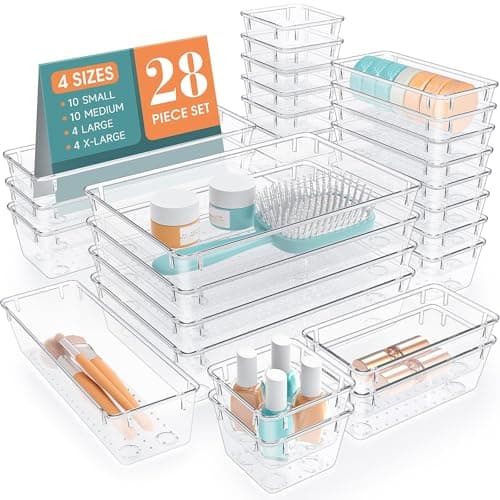 StorMiracle 28 PCS Clear Plastic Drawer Organizers Set, 4 Size Desk Drawer Organizer Trays for Makeup, Jewelry, Kitchen Utensils, Gadgets and Office Accessories - Image 1