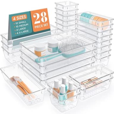 StorMiracle 28 PCS Clear Plastic Drawer Organizers Set, 4 Size Desk Drawer Organizer Trays for Makeup, Jewelry, Kitchen Utensils, Gadgets and Office Accessories - Image 1