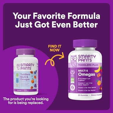 SmartyPants Toddler Multivitamin Gummies: Omega 3 Fish Oil (EPA/DHA), Vitamin D3, C, Vitamin B12, B6, A, K & Zinc, Biotin, Beta Carotene, Gluten Free, Three Fruit Flavors, 90 Count (30 Day Supply) - Image 2