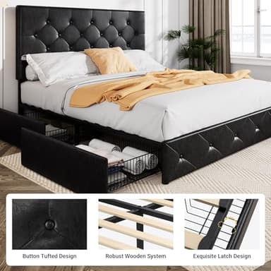 Allewie Upholstered Queen Size Platform Bed Frame with 4 Storage Drawers and Headboard, Diamond Stitched Button Tufted, Mattress Foundation with Wooden Slats Support, No Box Spring Needed, Black - Image 6