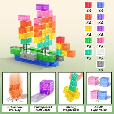 Magnetic Blocks Building Toys - Transparent Rainbow Magnetic Cubes Set, Outdoor Sensory Autism STEM Toys Gifts for Kids Aged 3+ Year Old Boys & Girls - Image 6