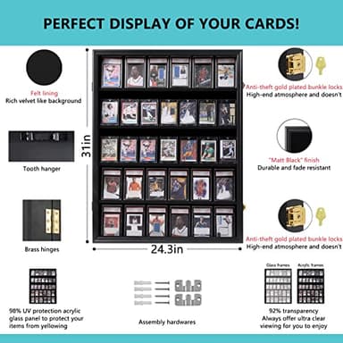 VERANI 35 Baseball Card Display Case - Graded Sports Card Display Frame - Holds Sport Cards with UV Protection Clear View Lockable Wall Cabinet for Football Basketball Hockey Trading Card Large Black - Image 2