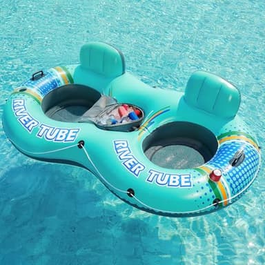 Jasonwell Heavy Duty 2 Person Inflatable River/Pool Tube Float with Removable Cooler, Tubes for Lake, Floating River Raft Lounge Floatie with 2 cup Holders For Adults, Cyan - Image 1