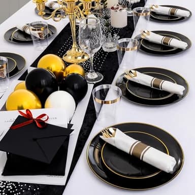 KIRE 350 PCS Plastic Dinnerware Set for 50 Guests - Black and Gold Plates 50 for Dinner 50 for Dessert & 50 Pre Rolled Napkins with Disposable Silverware 50 Cups for Halloween Party/Banquet/Wedding - Image 7