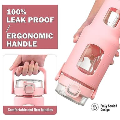 BLUEGO 40 oz Glass Water Bottle with Straw, Leakproof Glass Drinking Bottle with Time Marker and Silicone Sleeve, Wide Mouth Water Bottle for Travel, Gym, Workout, Pink - Image 4