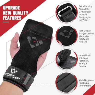 COFOF Weight Lifting Wrist Strap,Double Layer Leather Weightlifting Wrist Strap for Deadlift and Powerlifting, Adjustable Neoprene Padded Gym Workout Lifting Wrist Hooks for Men/Women(Pair) - Image 2