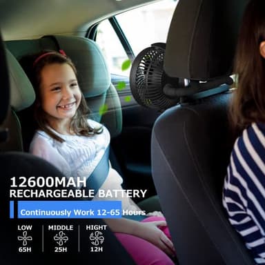 Stroller Fan - 65Hrs 12600mAh Rechargeable, Timing Car Seat, Portable Clip On Battery Operated for Baby, Peloton, Treadmill, Golf Cart, Beach, Bed, Dog - Image 4