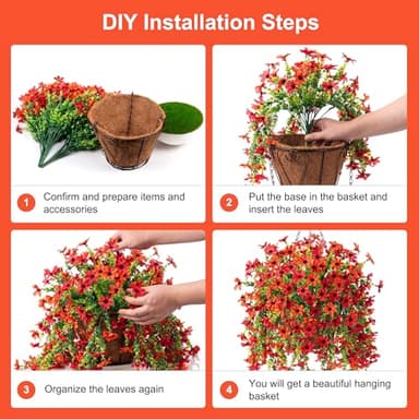 INXUGAO Artificial Fake Spring Hanging Flowers Plants with Basket Outdoor Flower Decor, Faux Silk Colorful Daisy in Metal Coconut Lining Pot Plastic Shrubs Decor Farmhouse Home Garden (Red Orange) - Image 6
