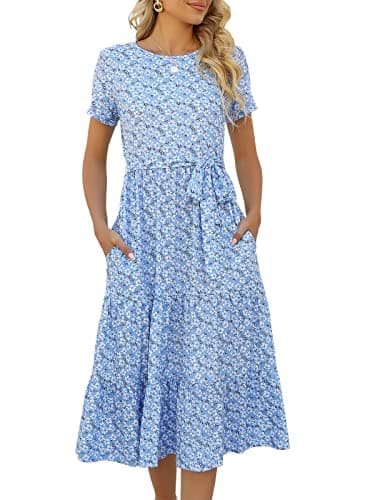 Lyrur Floral Midi Dress Womens Short Sleeve Belted Tiered Babydoll Flowy Casual Summer Sundress with Pockets(XL,9191-Blu Daisy) - Image 1