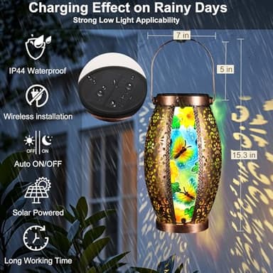 Twirleternity 2PCS Butterfly Outdoor Solar Lanterns Glass & Metal Tabletop Lamp with Hollowed-Out Design Waterproof Hanging Light for Garden Patio Mother's Day Gift, 7" W x 15.3" H - Image 4