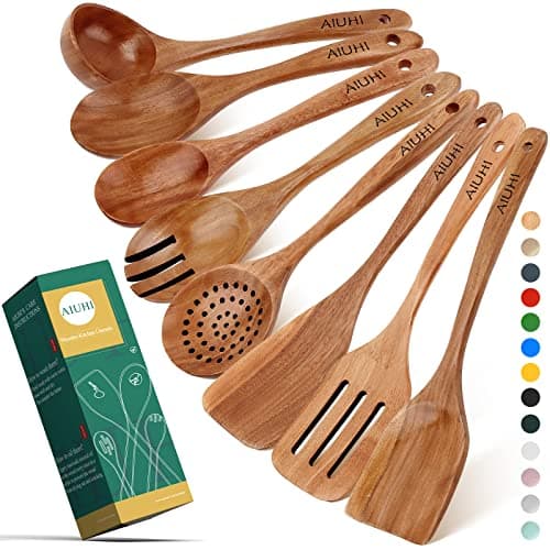 AIUHI Wood Spoons for Cooking, Nonstick Kitchen Utensil Set, Wooden Spoons Cooking Utensil Set Non Scratch Natural Teak Wooden Utensils for Cooking (Teak 8 Pack) - Image 1