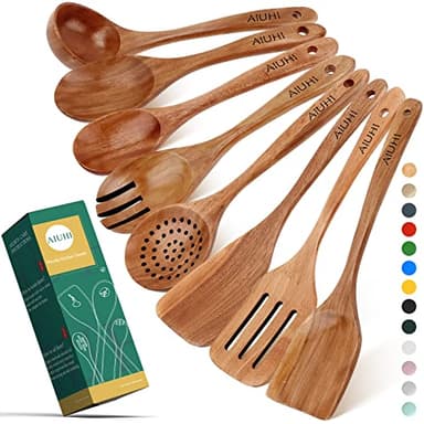 AIUHI Wood Spoons for Cooking, Nonstick Kitchen Utensil Set, Wooden Spoons Cooking Utensil Set Non Scratch Natural Teak Wooden Utensils for Cooking (Teak 8 Pack) - Image 1
