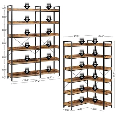 Rolanstar Bookshelf 6 Tier with 4 Hooks, Reversible Corner Bookshelf, 69" Industrial Wooden Bookcase with Open Shelves and Metal Frame for Living Room, Bedroom, Home Office, Rustic Brown - Image 3