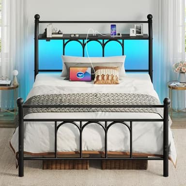 Rolanstar Twin Bed Frame with USB Charging Station, LED Bed Frame with Storage Headboard, Black Metal Platform Bed with Sleigh Headboard and Footboard, No Box Spring Needed, Noise Free - Image 8