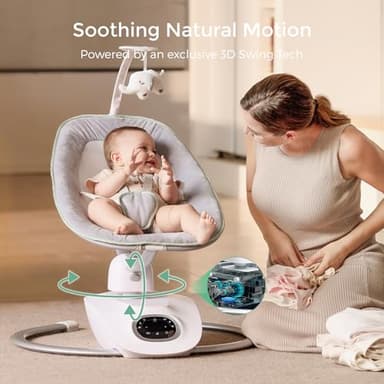 Momcozy CocoSway 3D-Motion Baby Swing for Infants to Toddlers, 6 Motion Modes & 4 Speeds, 180° Rotating Seat, Remote Control, Reclining Seat with 5-Point Harness, 8 Preset Lullabies, Grey - Image 2