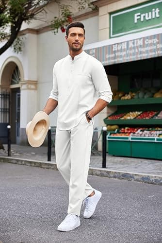 COOFANDY Men's White Linen Pants and Shirt Set Casual Beach Yoga Outfits 2 Piece Cotton Linen Henley Shirts Loose Pants Sets - Image 8