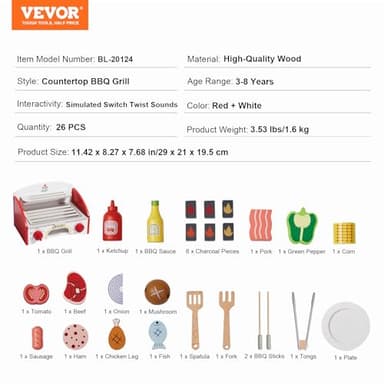VEVOR Kids BBQ Grill Toy, Wooden Barbecue Kitchen with Realistic Carbon Fire, Wooden Play Food Kitchen Accessory (26 PCS), Indoor/Outdoor Interactive Pretend Play Toys for Boys Girls Ages 3+ Gift - Image 7