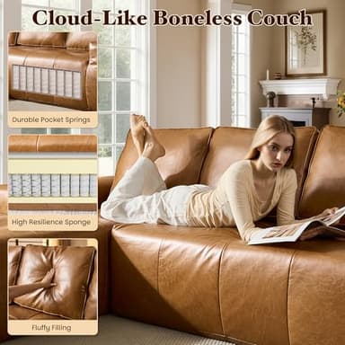 114" Boneless Couches for Living Room, Brown Faux Leather Cloud Sectional Couches with Chaise, Deep Seat L Shaped Modular Sofa, No Assembly Required Sofas in a Box (Left,Faux Leather,Brown) - Image 4