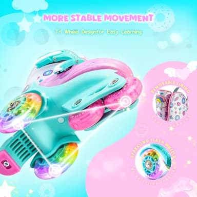 SULIFEEL Adjustable Roller Skates for Girls Boys Kids,Fun Illuminating Light Up Flash Wheels Three-Point Type Balance Suitable for Beginners Indoor Roller Skating Green & Pink Size Small - Image 4