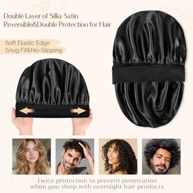 YANIBEST Silk Bonnet for Men Women Hair Bonnet for Sleeping Double Layer Satin Bonnets for Black Women Curly Hair Sleep Cap,Black - Image 3